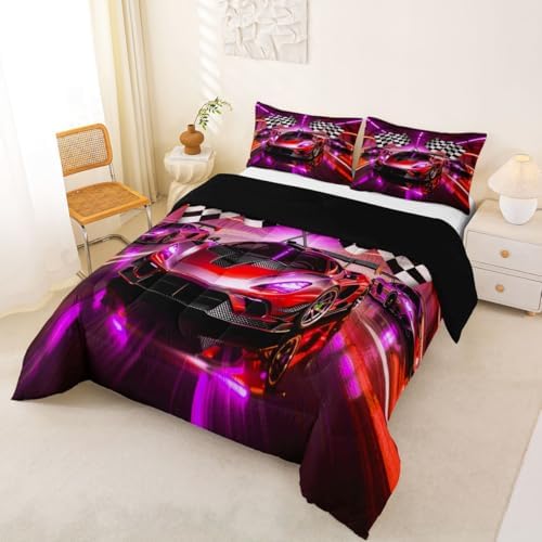 Feelyou Boys Race Car Comforter Set King Size Speed Sports Car Bedding Set for Kids Boys Girls Racing Extreme Sports Duvet Quilt Automobile Bedroom Decor Microfiber 3 Pcs with 2 Pillow Cases