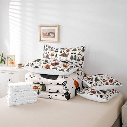 Erosebridal Kids Camper Theme Full Bedding Set 7 Piece Happy Camping Equipment Bed in A Bag with Sheets Botanical Trees Mountain Adventure Comforter Set for Boys Girls Teens,Cute Camper Bed Sets