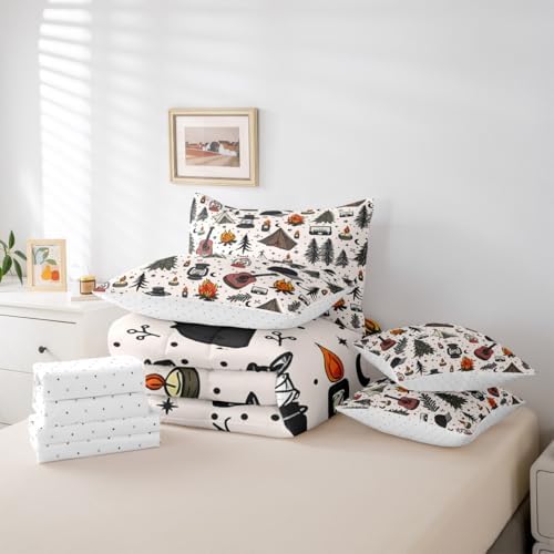 Erosebridal Kids Camper Theme Twin Bedding Set 7 Piece Happy Camping Equipment Bed in A Bag with Sheets Botanical Trees Mountain Adventure Comforter Set for Boys Girls Teens,Cute Camper Bed Sets