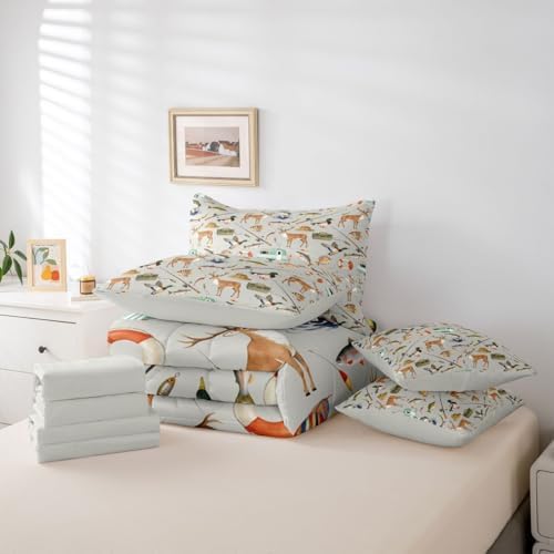 Erosebridal Hunting and Fishing Queen Comforter Set 7 Piece Mallard Duck Deer Hunting Comforter Set Bass Fish Camper Car Bedding Sets for Boys Girls Rustic Cabin Wild Gray Sheet Set with Comforter