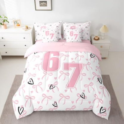 Erosebridal 67 Funny Number Print Twin Comforter Set with Sheets for Kids Girls Cute Pink Bow Bedding Set 7 Piece Six Seven Bowknot Bed in A Bag Dreamy Princess Sheet with Comforter