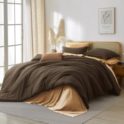 Prewashed Queen Size Comforter Set 7 Pieces, Brown Bed Set