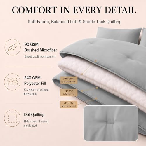CozyLux Full Size Comforter Set Light Grey, 7 Pieces Bed in a Bag