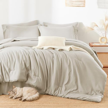 HIMEET Queen Comforter Set - 7 Pieces Bed in a Bag Queen Size, Luxury Comforter Set with Sheets for All Season, Bed Set with Comforter, Flat Sheet, Fitted Sheet, Pillowcases & Shams, Beige