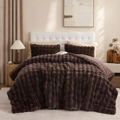 YIKUSH Queen Faux Fur Soft Comforter Set, Fluffy Brown Rabbit Fur Comforter