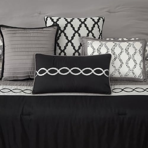 LANCO MODERN LIFESTYLE Queen Comforter Set, Black, 10 Piece Bed in a Bag for All Seasons, Luxury Extreme Comfort Bedding Sets with Bedskirt, Pillow Shams, Euro Shams and Decor Pillows