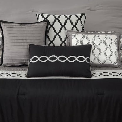 LANCO MODERN LIFESTYLE Queen Comforter Set, Black, 10 Piece Bed in a Bag for All Seasons, Luxury Extreme Comfort Bedding Sets with Bedskirt, Pillow Shams, Euro Shams and Decor Pillows