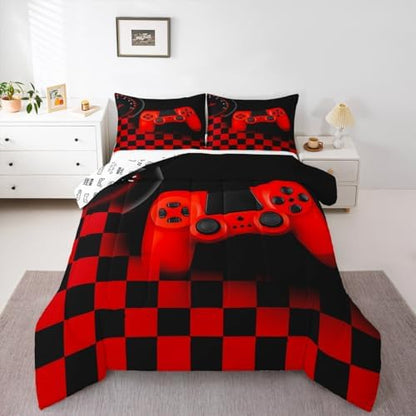 Gamer Comforter Set for Boys Teen Gaming Bedding Set Video Game Controller Home Decor for Men Child Buffalo Plaid Check Down Comforter Full Size 3 Pcs Duvet Set with 2 Pillow Shams,Black Red Geometric