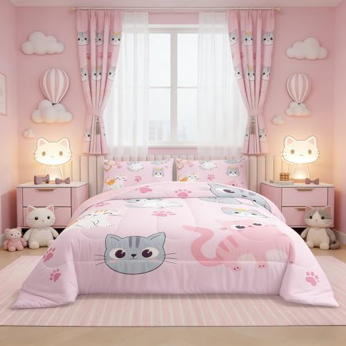 Erosebridal Kids Cat Comforter Set Queen Size Cute Colorful Cats Bedding Set for Girls Kawaii Room Decor,Pink Pet Animal Paw Down Comforter Grey Orange Cat Bed Set Soft Quilt Duvet Set 2 Pillow Cases