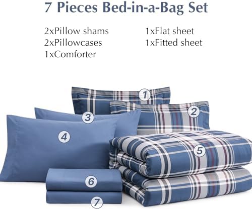 Plaid Full Size Comforter Set Medium Blue 7 Pieces Farmhouse Bed in a Bag