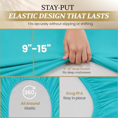 Full XL 100% Cotton Jersey Knit Sheet Set, 4PC, 15" Deep Pocket, Aqua