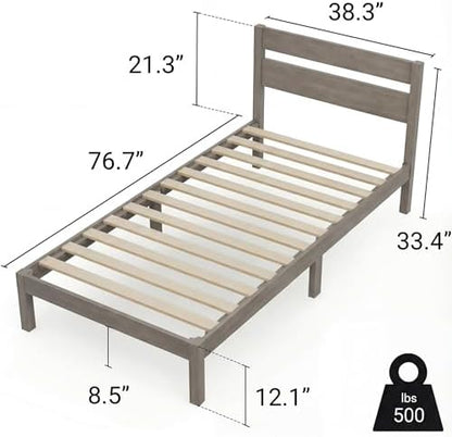 LIFEMENT Twin Bed Frame with Headboard Classic Wood Platform, Noise Free, Under Bed Storage, No Box Spring Needed, Easy Assembly, Gray