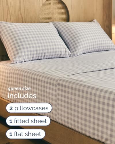 Queen 4 Piece Striped Sheet Set - Soft, Breathable & Cooling - Grey Gingham