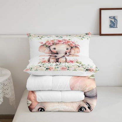 Feelyou Cute Elephant Comforter Set King Size Kids Cartoon Animal Comforter for Boys Girls Teens Flower Floral Print Bedding Set Farm Zoo Garden Theme Duvet Set Room Decor Quilt Set