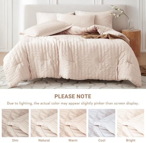 MUXHOMO 7 Pieces Oversized Queen Comforter Set, Seersucker Bed in a Bag Oversized Queen Size, All Season Luxury Bedding Set with Comforter, Flat Sheet, Fitted Sheet, Pillowcases & Shams, Beige