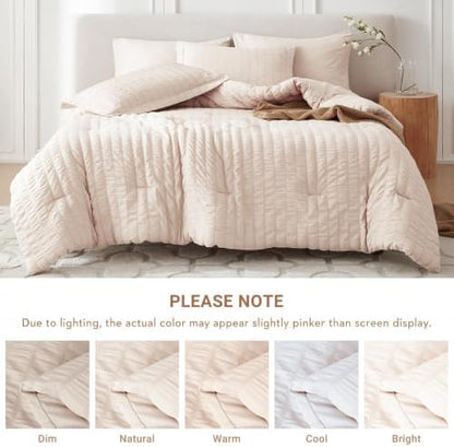 MUXHOMO 7 Pieces Oversized Queen Comforter Set, Seersucker Bed in a Bag Oversized Queen Size, All Season Luxury Bedding Set with Comforter, Flat Sheet, Fitted Sheet, Pillowcases & Shams, Beige