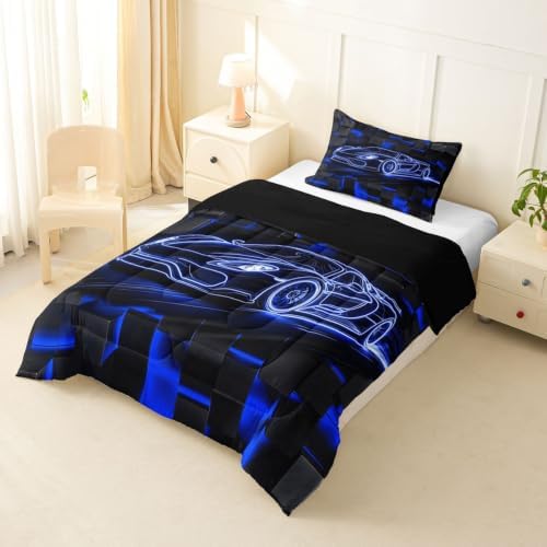 Feelyou Blue Race Car Comforter Set Toddler Size Bedding Set