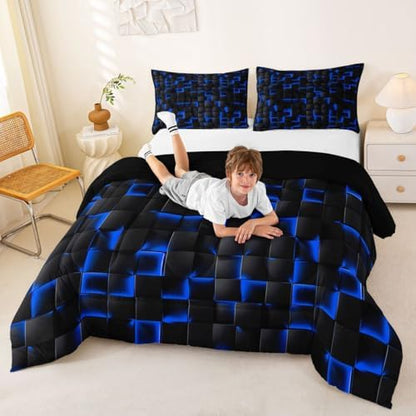 Erosebridal Neon Black Blue Boys Comforter Set Full Size Geometric Checkered Kids Bedding Set Teen Men Gaming Room Decor,Abstract Ombre Plaid Comforter Grids Quilt Duvet