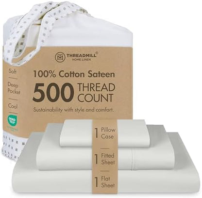 Threadmill 500 Thread Count Cotton Twin Sheet Set, Sateen, Light Grey