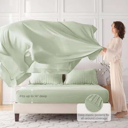 MUXHOMO 7 Pieces King Comforter Set, Seersucker Bed in a Bag King Size, All Season Luxury Bedding Set with Comforter, Flat Sheet, Fitted Sheet, Pillowcases & Shams, Light Green