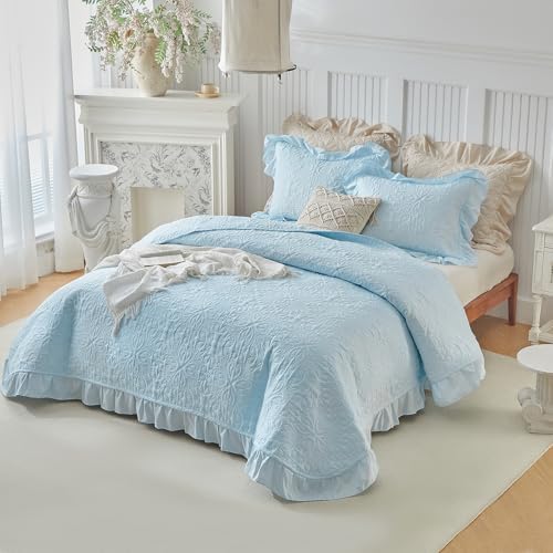 Ruffles Quilt Set Queen Size 96 * 96in - 3 Pieces Solid Shabby Chic Farmhouse Ruffled Bedding Rustic Coverlet Lightweight Fluffy Summer Oversized Bedspread with Shams for Women Men Light Blue