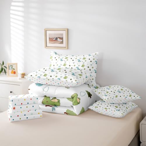 Feelyou Cute Dinosaur 7 Piece Bedding Set Cartoon Dino Comforter Set with Sheets for Kids Boys Girls Animal Theme Bed in a Bag White Blue Green Bed Set Soft Lightweight