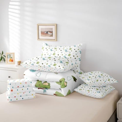 Feelyou Cute Dinosaur 7 Piece Bedding Set Cartoon Dino Comforter Set with Sheets for Kids Boys Girls Animal Theme Bed in a Bag White Blue Green Bed Set Soft Lightweight