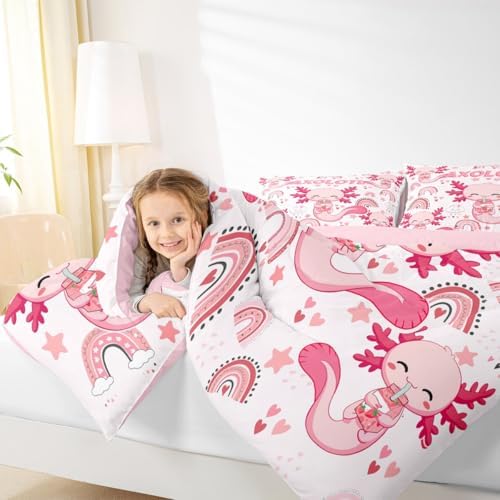 Manfei Cute Axolotl Kids Comforter Set Twin Size,Stars Rainbow Cartoon Bedding Set,Girls Boys Adults Room Decor,Strawberry Love Heart Romantic Down Comforter,Pink Kawaii Duvet Insert,1 Pillowcase