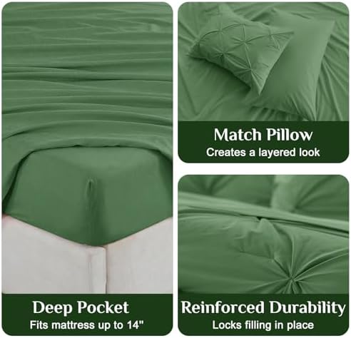 JOLLYVOGUE Queen Comforter Set 7 Pieces - Bed in a Bag Queen for All Season, Pintuck Bedding Comforter Sets with Comforter, Flat Sheet, Fitted Sheet and Pillowcases & Shams, Green