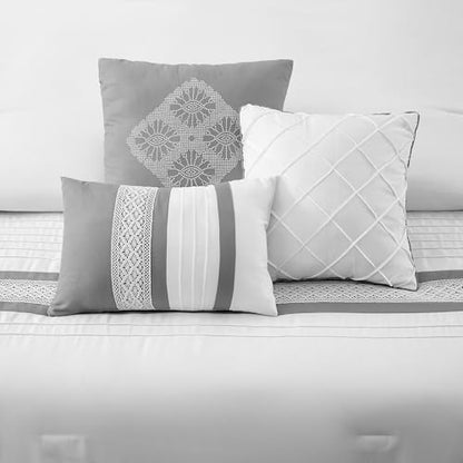 LANCO MODERN LIFESTYLE 7 Piece Comforter Set, Grey White, Queen Size, Boho Style Geometric Microfiber Embroidery, Bed in a Bag with Bedskirt, Pillow Shams and Decor Pillows