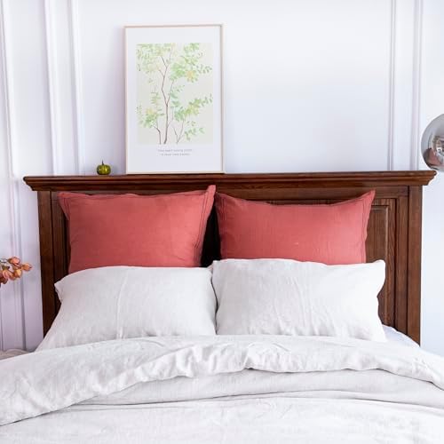 Simple&Opulence 100% French Linen Euro Shams with Embroidery (26'' x 26'') - Pack of 2 - Pre Washed Solid Color Natural Flax Soft Breathable - Coral Red