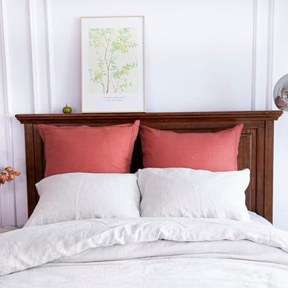 Simple&Opulence 100% French Linen Euro Shams with Embroidery (26'' x 26'') - Pack of 2 - Pre Washed Solid Color Natural Flax Soft Breathable - Coral Red