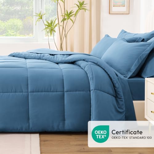 Love's cabin Plaid Full Comforter Set, Misty Blue