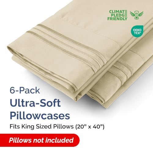 King Pillow Cases Set of 6 - Ultra Soft Cozy Pillowcase Covers - Cream
