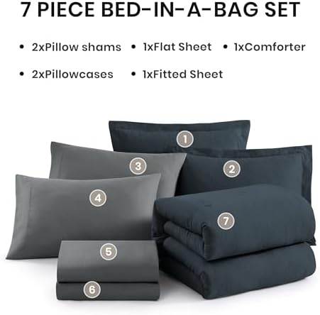 Monbix Oversized Queen Comforter Set 7 Pieces Navy Blue Bed in a Bag