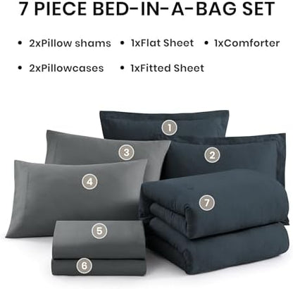 Monbix Oversized Queen Comforter Set 7 Pieces Navy Blue Bed in a Bag
