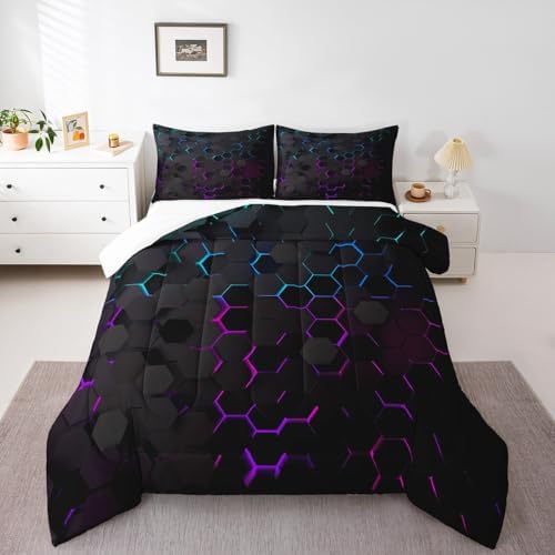 Manfei Honeycomb Comforter Set Twin Size Geometric Hexagon Print Quilt Set Colorful Neon Lights Bedding Comforters 2pcs for Kids Boys Girls Room Decor, Modern Geometric Duvet Set with 1 Pillowcase