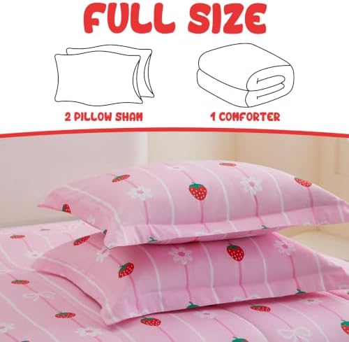 Yibeizi Pink Strawberry Comforter Set for Girls Full Bow Striped Bedding