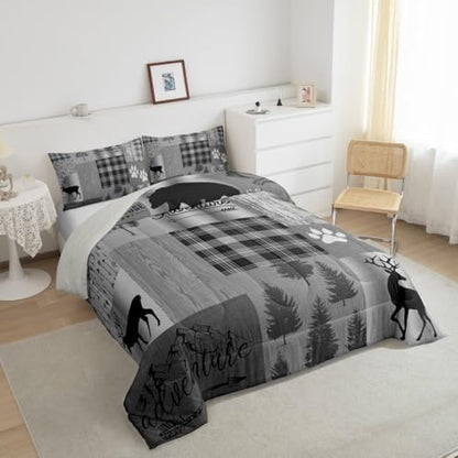Deer Bear Comforter Set Twin,Grey Geometric Plaid Patchwork Quilt Duvet for Kids Teens Adults Room Decor,Vintage Rustic Farmhouse Bedding Set Pine Animals Plants Down Comforter,1 Pillowcase