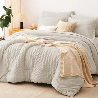 CozyLux Oversized King Comforter Set 120x98 in, 7-Piece Oatmeal Seersucker