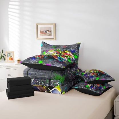 Erosebridal Graffiti Rugby Ball King Bedding Set - Colorful Rugby Helmet Bed in A Bag,Sports Comforter Sets with Sheets, Football Game 7 Pieces Bed Set Bedroom Decor