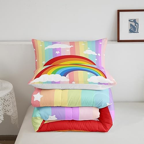 Rainbow Comforter for Girls Kids,Star and Cloud Comforter Set Queen Size Home Decor,Soft Colorful Stripes Bedding Set,Cartoon Style Teens Bedroom Down Duvet,1 Comforter with 2 Pillowcases