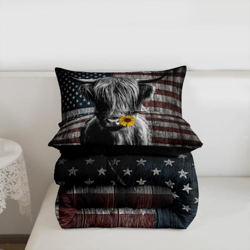 Feelyou Highland Cattle Bedding Set Sunflower Highland Cow Comforter Set for Kids Boys Girls America Flag Bull Comforter Animal Quilt Set 1 Comforter Set with 2 Pillowcases Full Size