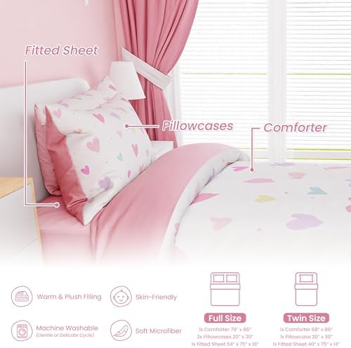 SANDJEST Heart Comforter Set Full Size 98x86in for Kids Girls, Microfiber 4 Pcs Bedding Set Includes 1 Comforter, 2 Pillowcases, 1 Fitted Sheet, Nursery Room Decor