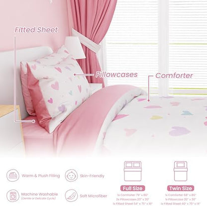 SANDJEST Heart Comforter Set Full Size 98x86in for Kids Girls, Microfiber 4 Pcs Bedding Set Includes 1 Comforter, 2 Pillowcases, 1 Fitted Sheet, Nursery Room Decor