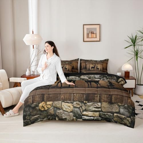 Erosebridal 7 Piece Hunting Deer Queen Size Comforter Set Rustic Cabin Western Bedding Sets with Sheets | Woodland Wildlife Print Bed in A Bag for Kids Adults Farmhouse Wooden Stone Decor Bed Set
