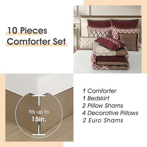 LANCO MODERN LIFESTYLE Queen Comforter Set, Burgundy, 10 Piece Bed in a Bag for All Seasons, Luxury Extreme Comfort Bedding Sets with Bedskirt, Pillow Shams, Euro Shams and Decor Pillows