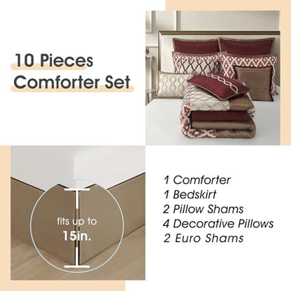 LANCO MODERN LIFESTYLE California King Comforter Set, Burgundy, 10 Piece Bed in a Bag for All Seasons, Luxury Extreme Comfort Bedding Sets with Bedskirt, Pillow Shams, Euro Shams and Decor Pillows
