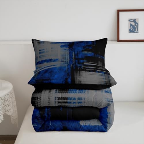 Kids Blue Grey Black Bedding Set King Size Abstract Duvet Quilt for Boys Girls Teens Bedroom Decor Geometric Comforter Set Breathable Soft Lightweight Microfiber Women Men Modern With 2 Pillow Case
