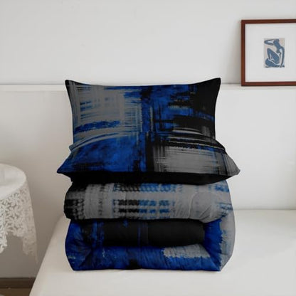 Kids Blue Grey Black Bedding Set King Size Abstract Duvet Quilt for Boys Girls Teens Bedroom Decor Geometric Comforter Set Breathable Soft Lightweight Microfiber Women Men Modern With 2 Pillow Case